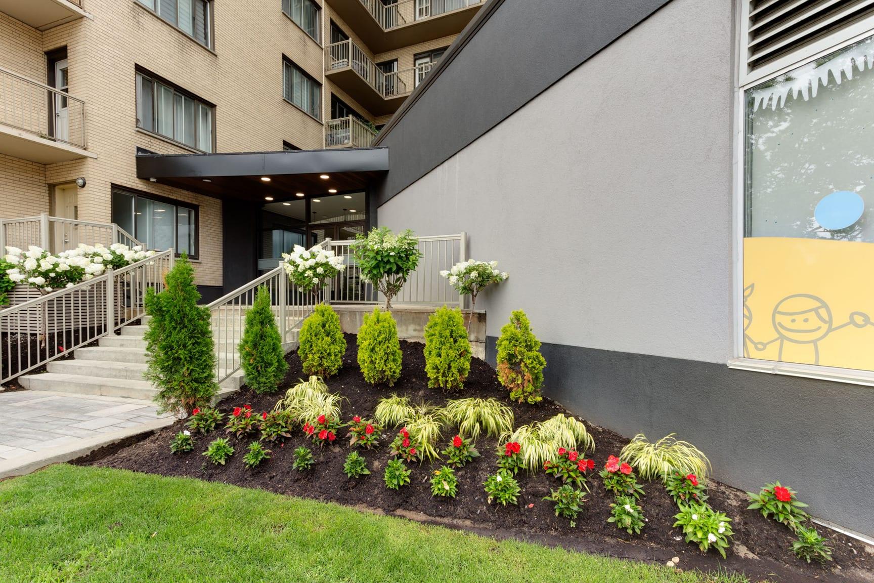 Fresh planting bed with shrubs and flowers at condominium entrance