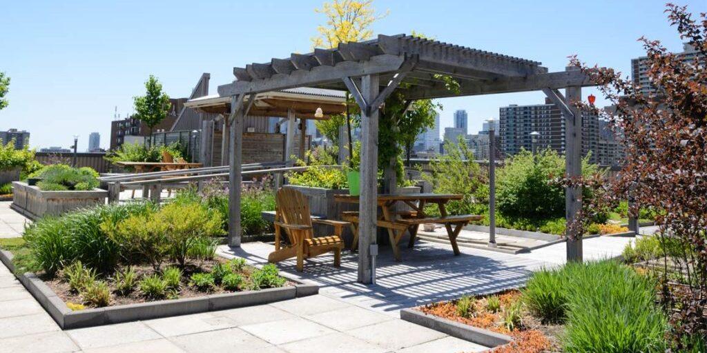 Rooftop condominium garden with pergola and landscaped seating area